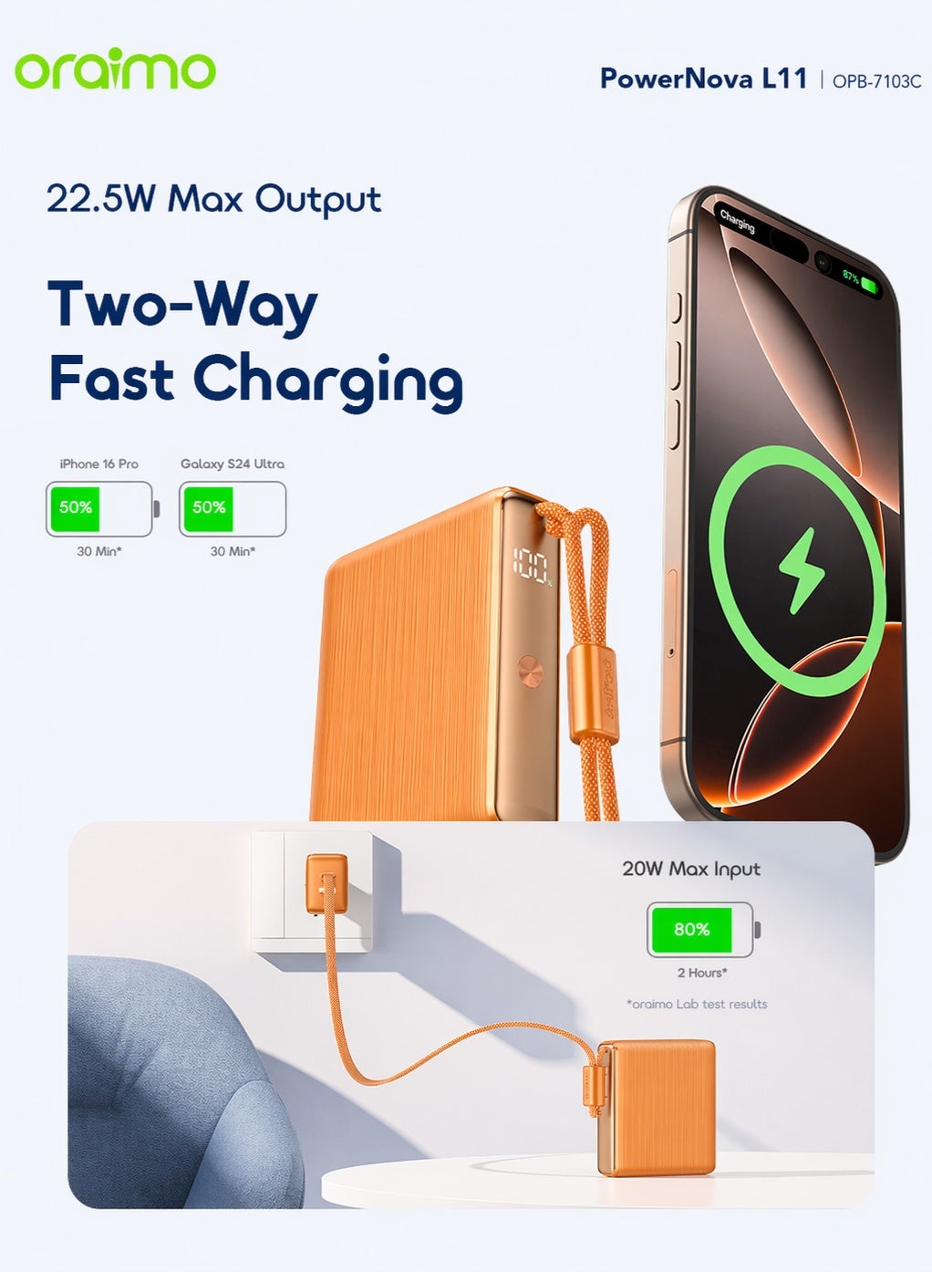 10000mAh Mini Power Bank,22.5W Fast Charging, Pocket-size, Built-In USB-C Cable, Simultaneous Charging for Smartphones, Tablets, Earphones & More, Pocket Power Bank For iPhone 17 series Samsung OPB-7103C - Orange