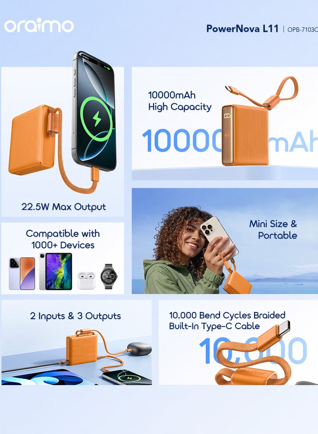 10000mAh Mini Power Bank,22.5W Fast Charging, Pocket-size, Built-In USB-C Cable, Simultaneous Charging for Smartphones, Tablets, Earphones & More, Pocket Power Bank For iPhone 17 series Samsung OPB-7103C - Orange