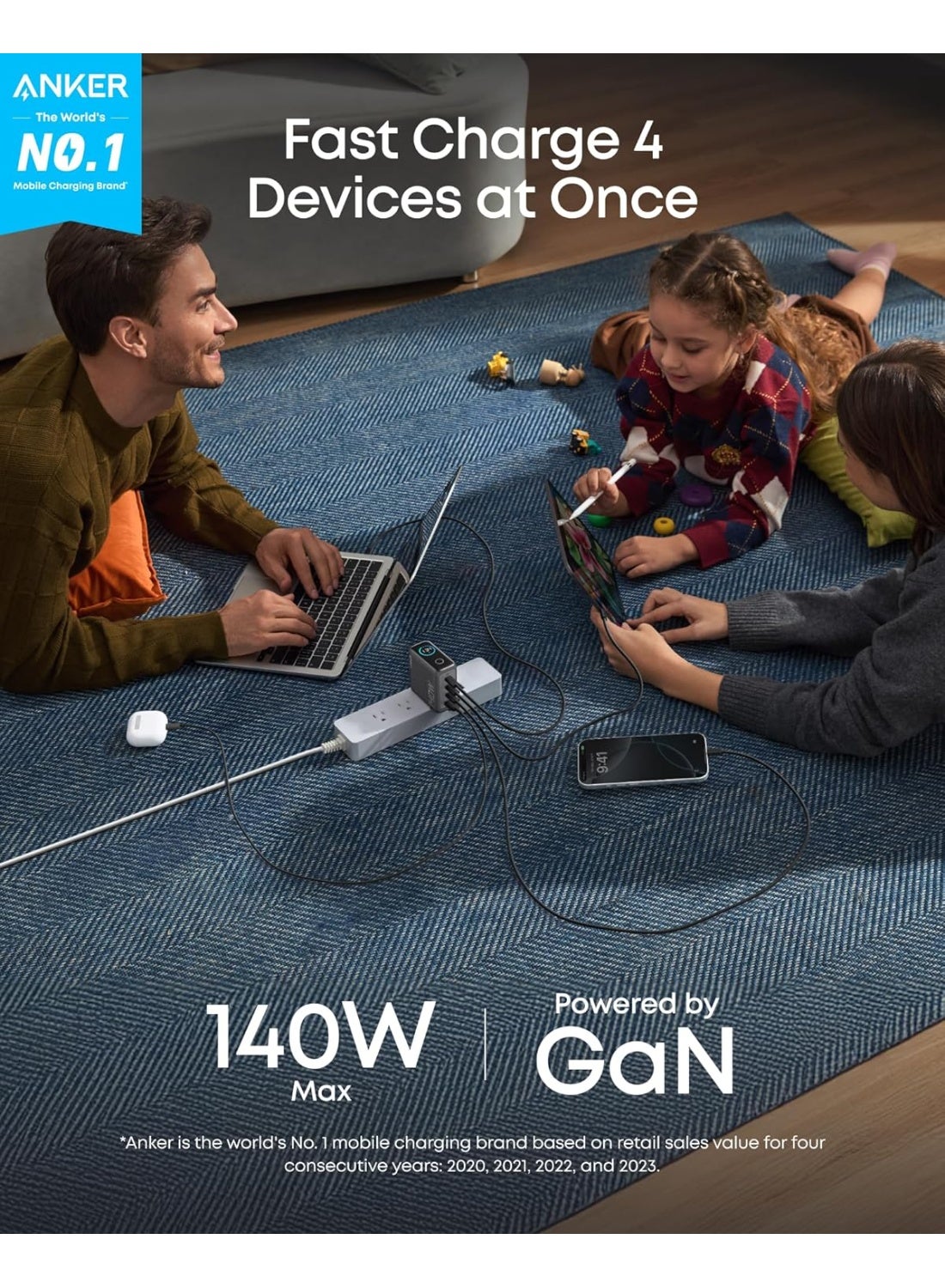 Anker Laptop Charger, 140W MAX USB C Charger, 4-Port Multi-Device Fast Charging, Advanced GaN Power Adapter, Intuitive Touch Controls, for MacBook, iPhone 17/16 Series, Samsung Galaxy, Pixel, and More Dark Grey