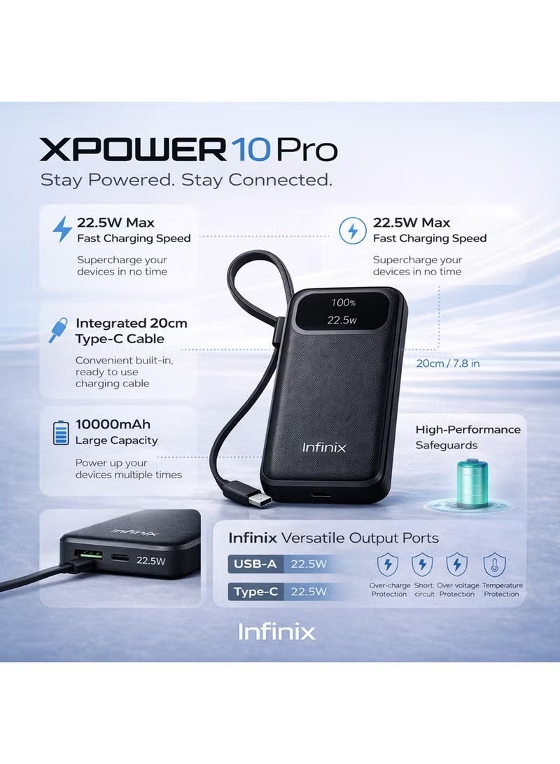 Infinix XPower 10 Pro 10000mAh Power Bank 22.5W Fast Charging With Built-in Type-C Cable black