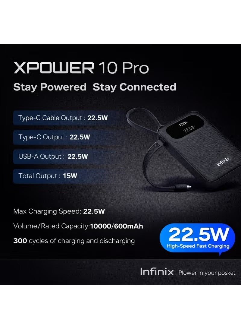 Infinix XPower 10 Pro 10000mAh Power Bank 22.5W Fast Charging With Built-in Type-C Cable black