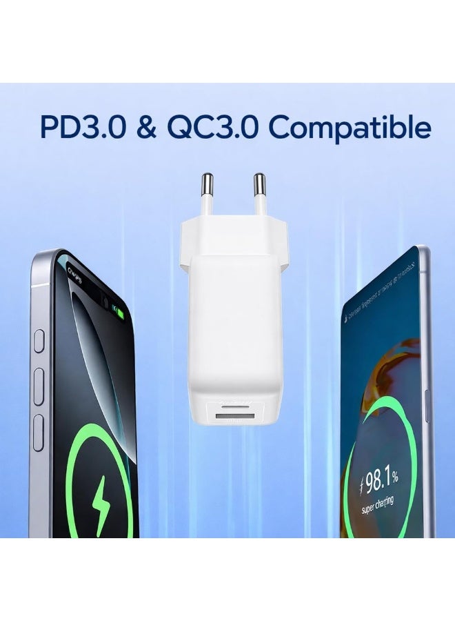Oraimo OCW‑5203E EU 20W USB-C Wall Charger Kit with USB-C to USB-C Cable, QC 3.0 & PD Fast Charging for Smartphones & USB-C Devices, EU Plug – White white
