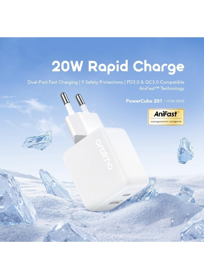 Oraimo OCW‑5203E EU 20W USB-C Wall Charger Kit with USB-C to USB-C Cable, QC 3.0 & PD Fast Charging for Smartphones & USB-C Devices, EU Plug – White white
