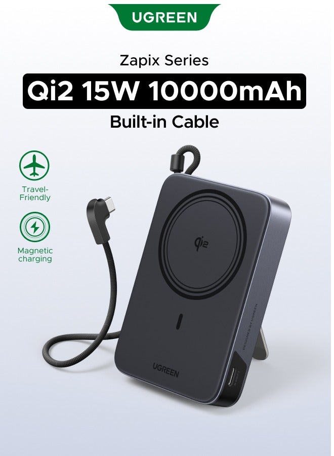 10000mAh High Capacity Magnetic Wireless Portable Charger, 30W Fast Charge 2 Type-C Ports 15W MPP Power Bank Built-in Cable Universal Charging Compatible with iPhone 18 Pro, iPhone 18 Pro Max, iPhone Duo, iPhone Huawei Honor Xiaomi Samsung iPad AirPods Wireless Earphones Grey with Stand Grey with Stand