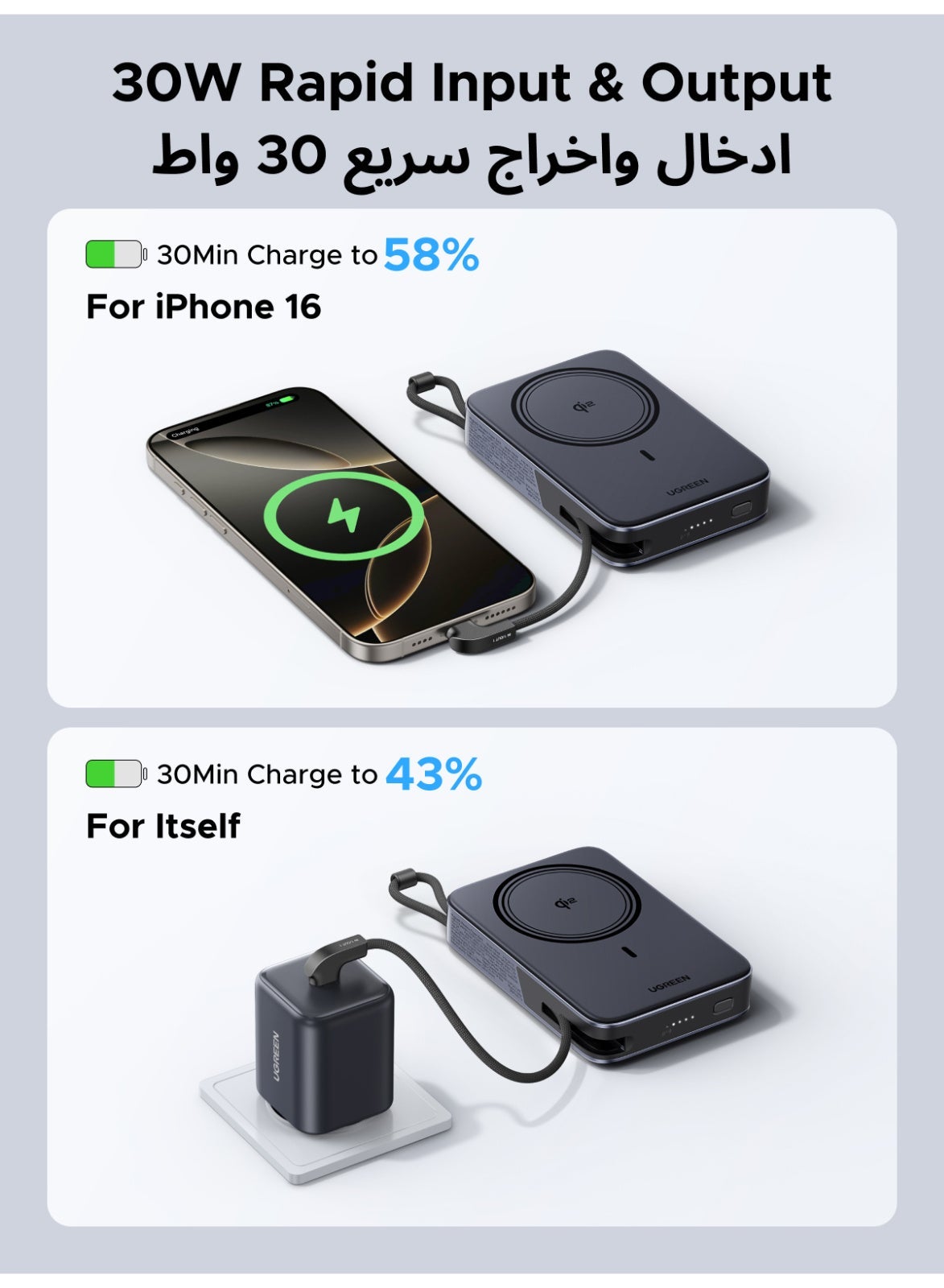 10000mAh High Capacity Magnetic Wireless Portable Charger, 30W Fast Charge 2 Type-C Ports 15W MPP Power Bank Built-in Cable Universal Charging Compatible with iPhone 18 Pro, iPhone 18 Pro Max, iPhone Duo, iPhone Huawei Honor Xiaomi Samsung iPad AirPods Wireless Earphones Grey with Stand Grey with Stand