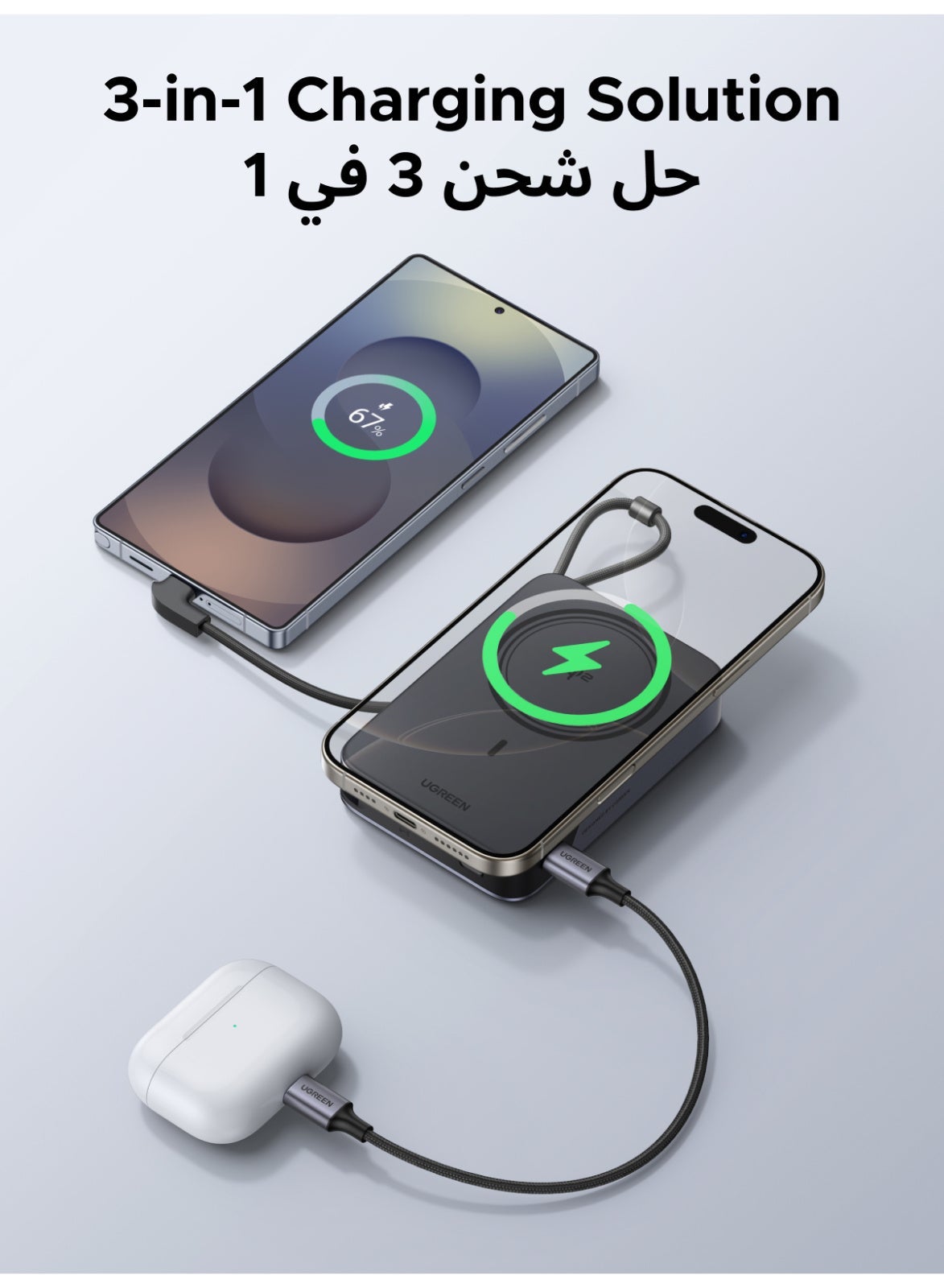 10000mAh High Capacity Magnetic Wireless Portable Charger, 30W Fast Charge 2 Type-C Ports 15W MPP Power Bank Built-in Cable Universal Charging Compatible with iPhone 18 Pro, iPhone 18 Pro Max, iPhone Duo, iPhone Huawei Honor Xiaomi Samsung iPad AirPods Wireless Earphones Grey with Stand Grey with Stand