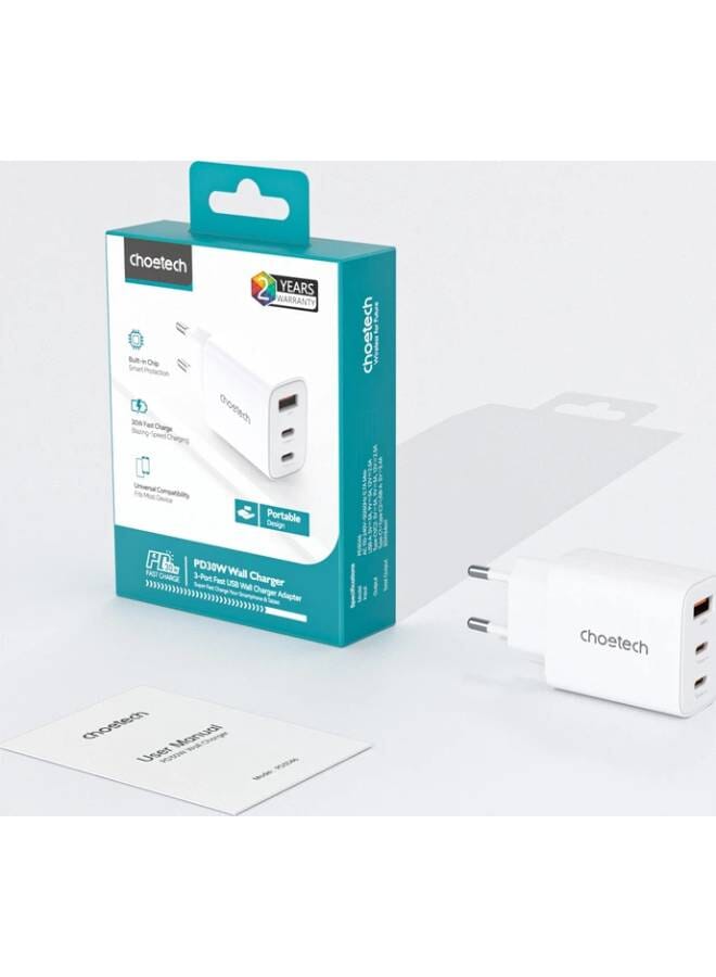 30W PD Fast Charger – 3-Port USB Charging Block white