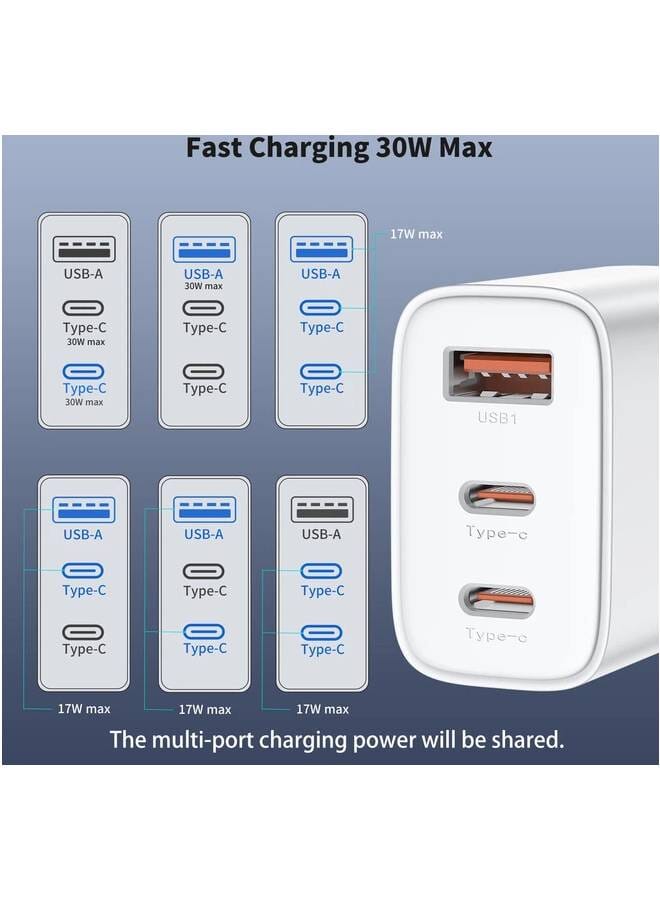 30W PD Fast Charger – 3-Port USB Charging Block white