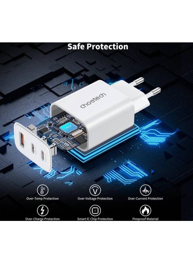 30W PD Fast Charger – 3-Port USB Charging Block white