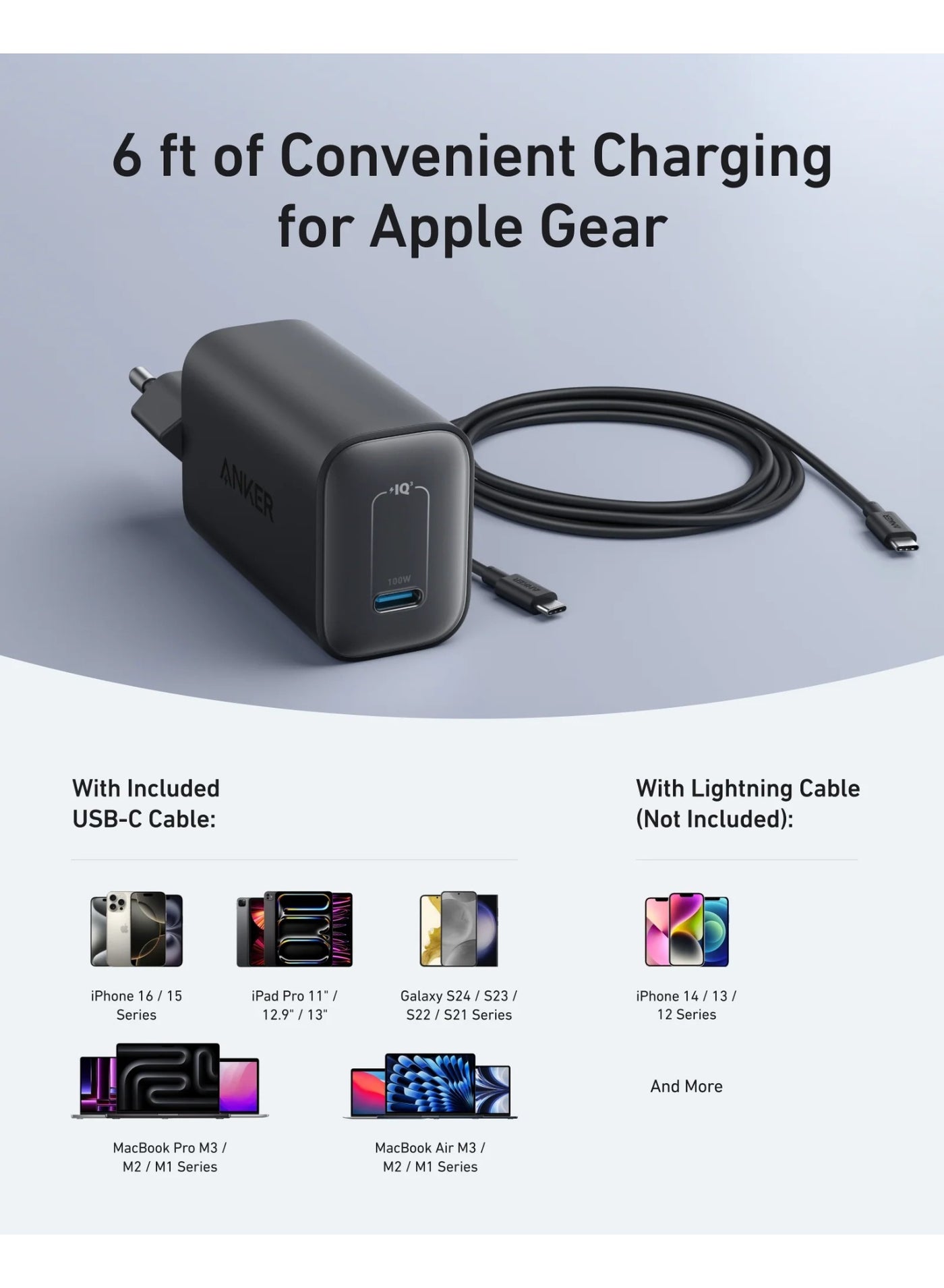 Nano 100W MacBook Charger, USB-C Charger For MacBook, iPad, iPhone Series, Galaxy, And All USB C Devices, 6 ft C Cable Included - black