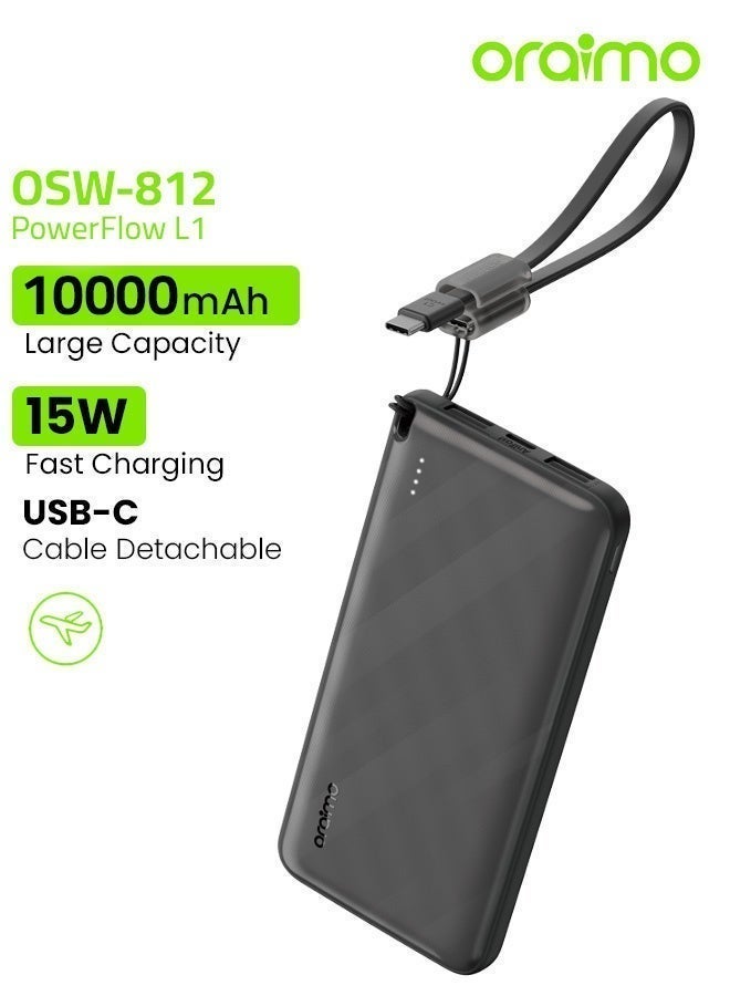 10000 mAh Large Capacity Power Bank With Detachable USB-C Cable, 15W USB-C + 2 USB-A Fast Charging Portable Charger Portable Size Compatible With iPad, iPhone 16, Galaxy S25 S24 Ultra, AirPods - OPB-1103 Black