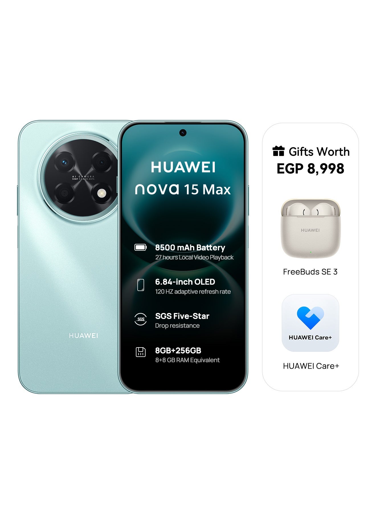 Nova 15 Max Dual SIM Lake Cyan 8+8 GB RAM 256GB with Free FreeBuds SE 3 Beige & 1 Year HUAWEI Care - Middle East Version
