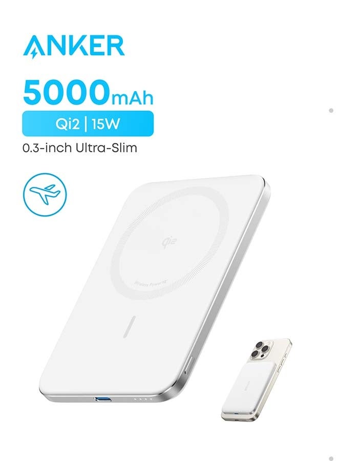 Anker Nano Power Bank, Ultra-Slim 5,000mAh Magnetic Wireless Charging Battery, Qi2 Certified 15W Max MagSafe-Compatible Portable Charger, Ergonomic Design, for iPhone Air/17/16 Series White