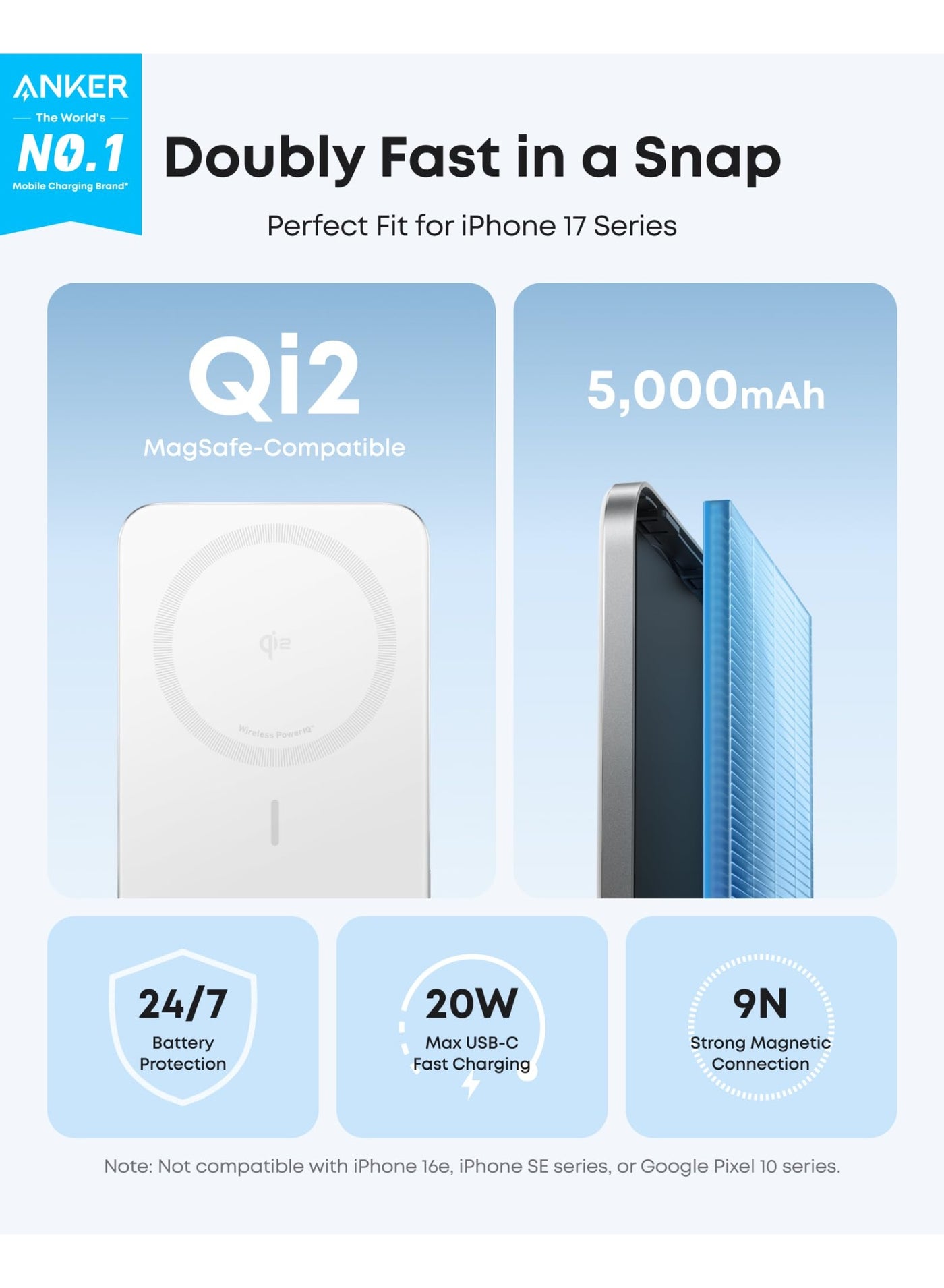 Anker Nano Power Bank, Ultra-Slim 5,000mAh Magnetic Wireless Charging Battery, Qi2 Certified 15W Max MagSafe-Compatible Portable Charger, Ergonomic Design, for iPhone Air/17/16 Series White