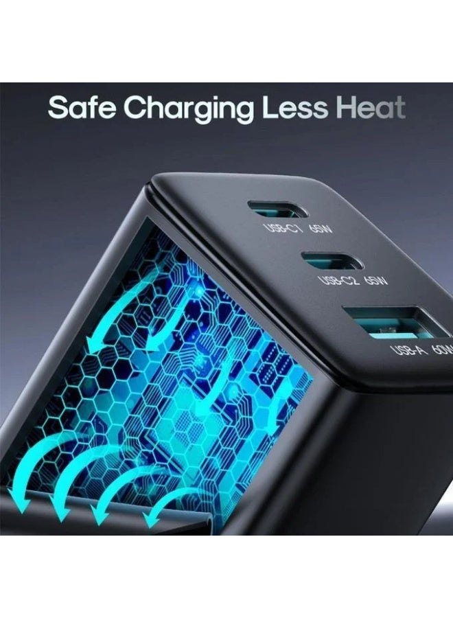 JR-TG10 65W GaN Fast Charger 3-Port (2 USB-C + USB-A) PD Fast Charging With 100W USB-C To USB-C Cable 1.2m - Black