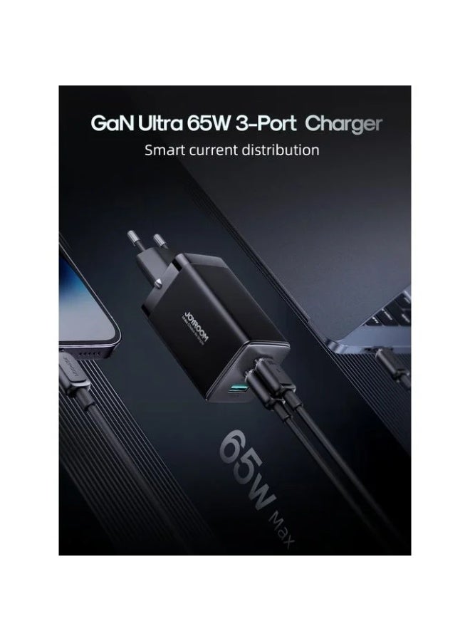 JR-TG10 65W GaN Fast Charger 3-Port (2 USB-C + USB-A) PD Fast Charging With 100W USB-C To USB-C Cable 1.2m - Black