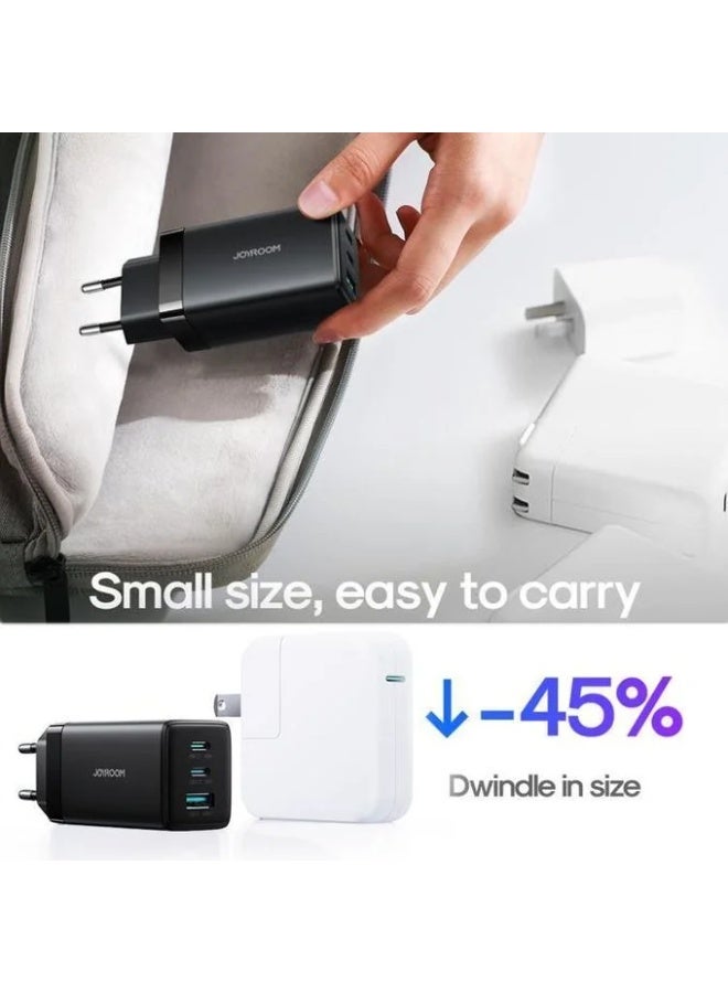 JR-TG10 65W GaN Fast Charger 3-Port (2 USB-C + USB-A) PD Fast Charging With 100W USB-C To USB-C Cable 1.2m - Black