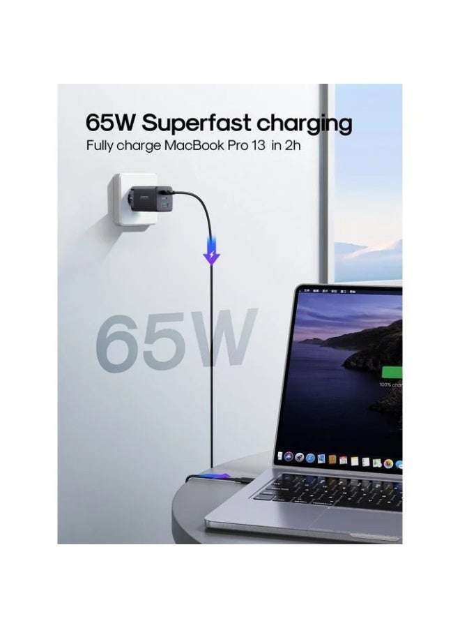 JR-TG10 65W GaN Fast Charger 3-Port (2 USB-C + USB-A) PD Fast Charging With 100W USB-C To USB-C Cable 1.2m - Black