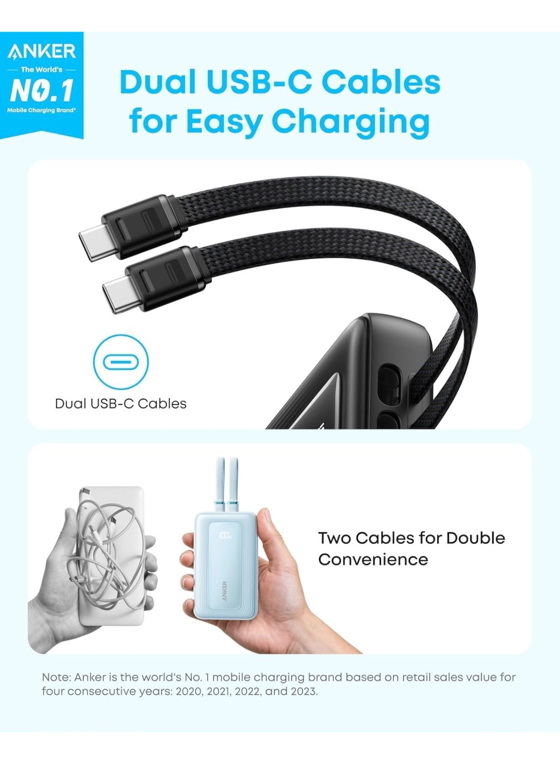 Anker Zolo Power Bank, 10,000mAh 35W Max Fast Portable Charger with Built-in dual USB-C Cables, USB-C&A, Battery Pack for iPhone 17/16 Series, MacBook, Galaxy - Black black