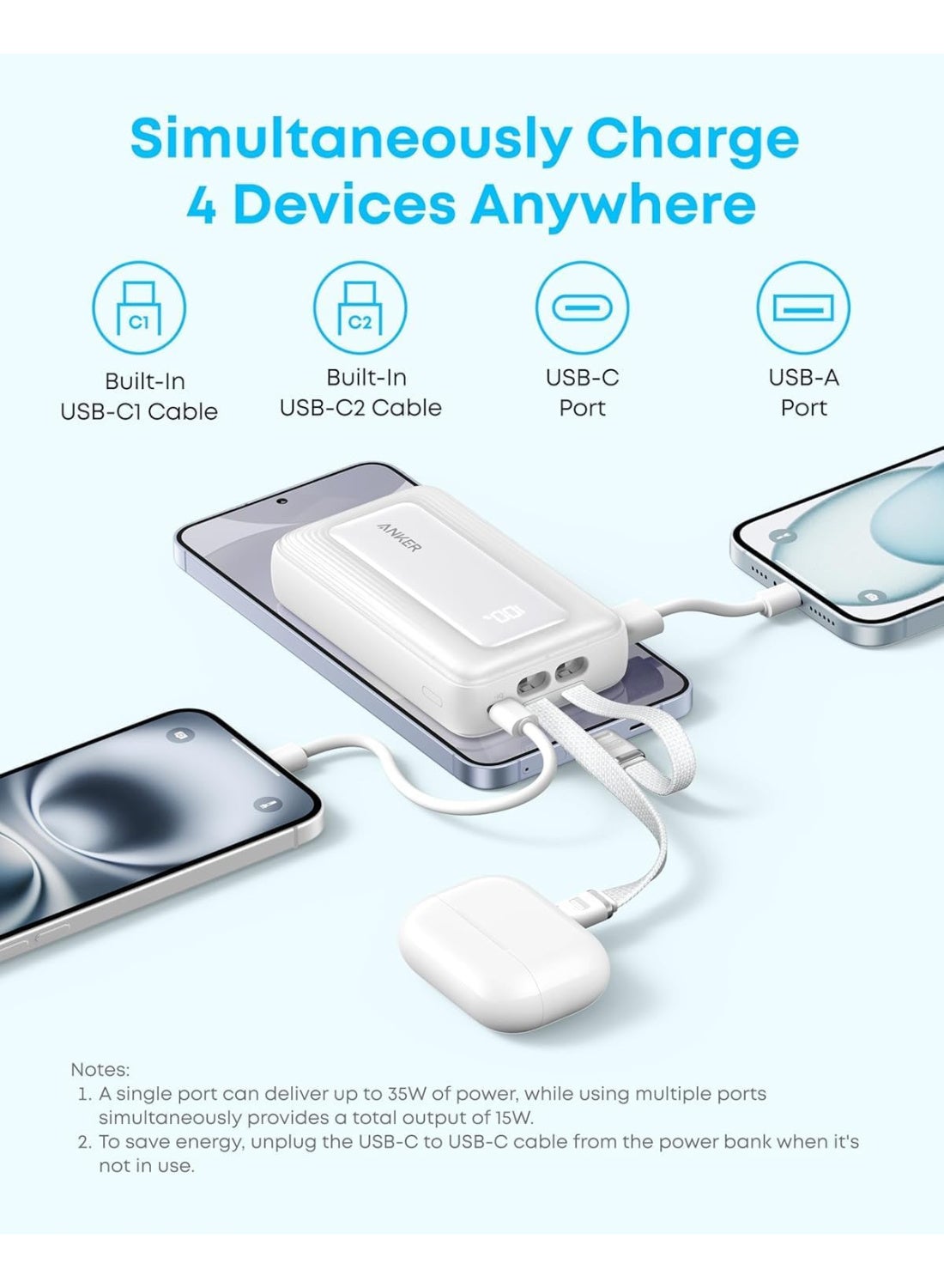 Anker Zolo Power Bank, 10,000mAh 35W Max Fast Portable Charger with Built-in dual USB-C Cables, USB-C&A, Battery Pack for iPhone 17/16 Series, MacBook, Galaxy - Black black