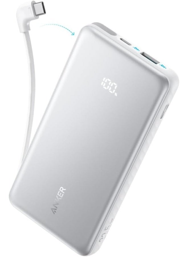 Anker Zolo 10000mAh Power Bank 22.5W, USB-C Portable Charger with Built-in Cable, White