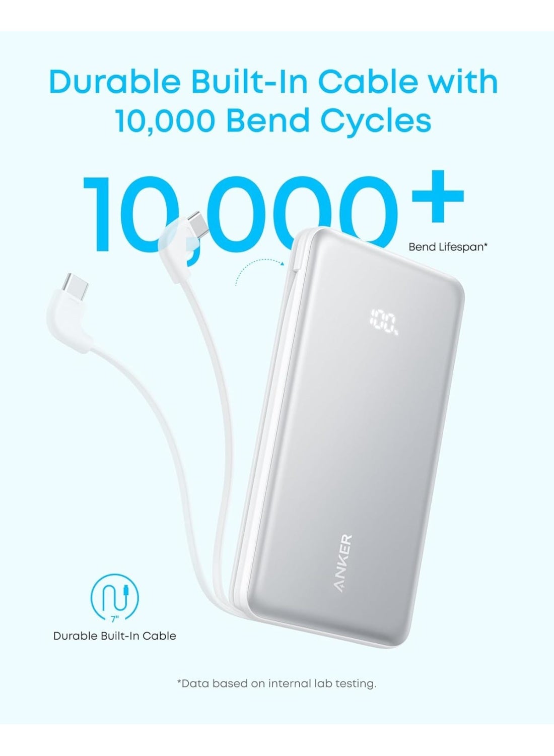 Anker Zolo 10000mAh Power Bank 22.5W, USB-C Portable Charger with Built-in Cable, White