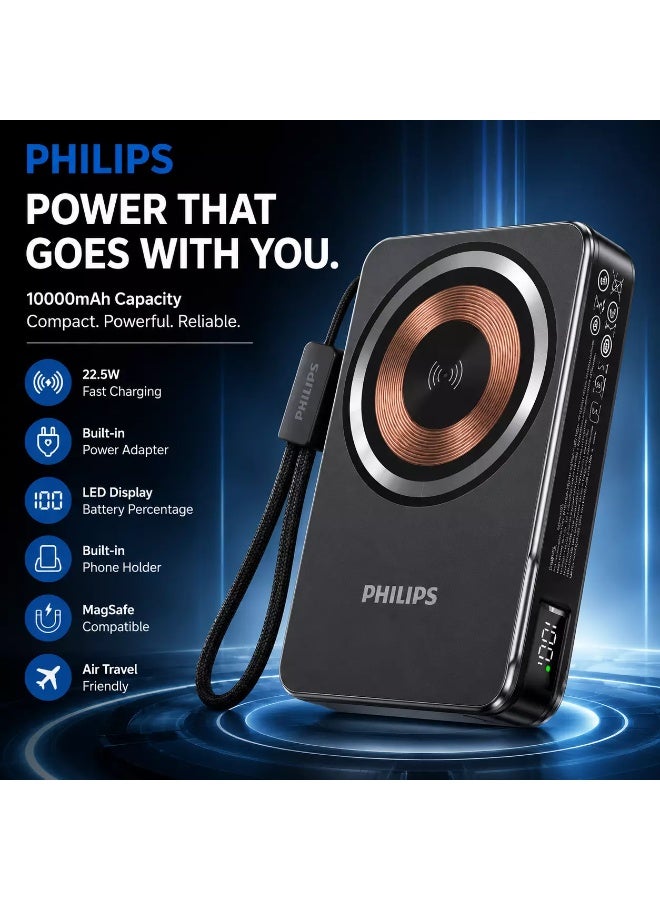 DLP9388 10000mAh 22.5W Power Bank – 5-in-1 Wired & Wireless Fast Charging Portable Charger with Built-In Adapter, LED Display, Phone Holder & MagSafe Function Multicolor