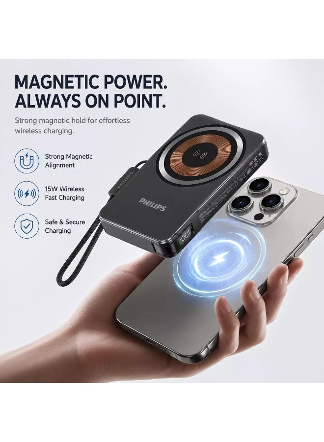 DLP9388 10000mAh 22.5W Power Bank – 5-in-1 Wired & Wireless Fast Charging Portable Charger with Built-In Adapter, LED Display, Phone Holder & MagSafe Function Multicolor