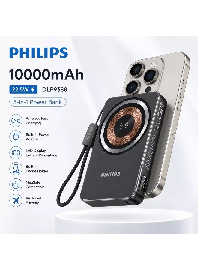 DLP9388 10000mAh 22.5W Power Bank – 5-in-1 Wired & Wireless Fast Charging Portable Charger with Built-In Adapter, LED Display, Phone Holder & MagSafe Function Multicolor