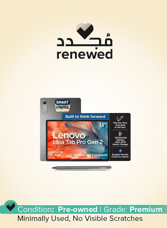 Renewed - Idea Tab Pro Gen 2 with Pen Plus {Smartchoice} 13" Display, 3.5K Resolution, 144Hz Refresh | 8GB, 256GB | Snapdragon 8s Gen 4 | 10200mAh, 4 JBL Speakers, USB 3.0 with DP-Out, Wi-Fi 7, Luna Grey