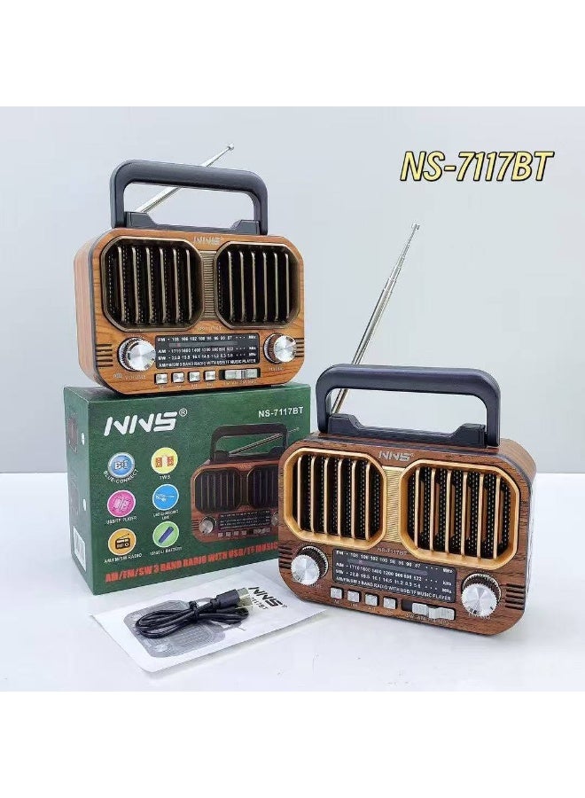 Classic design portable radio and speaker with Bluetooth, USB, TF card, and rechargeable battery NS-7117BT