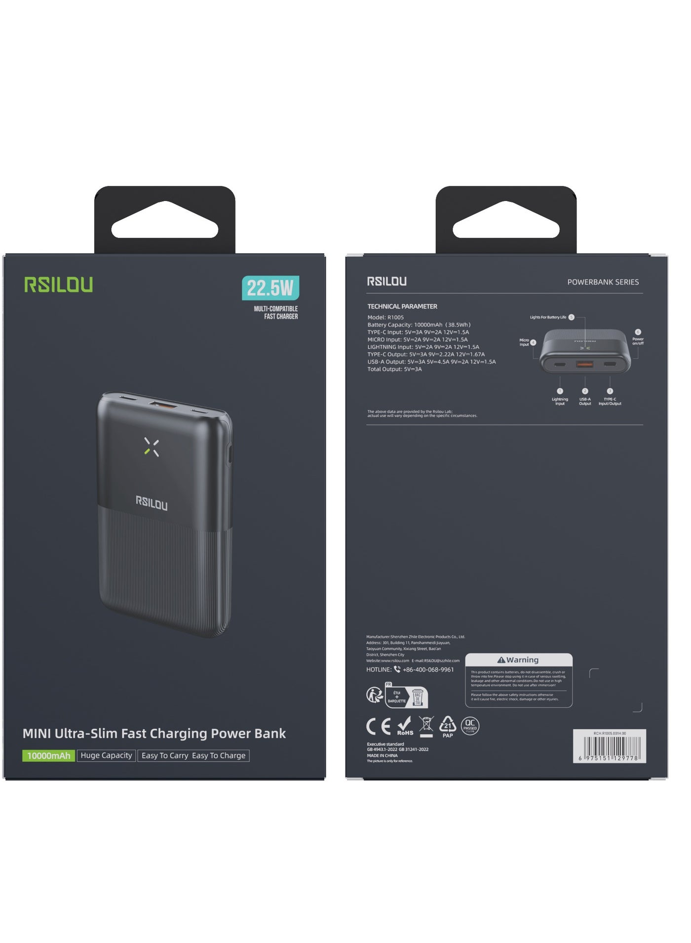 R1005-001 Mini Ultra-Thin Power Bank, Capacity 10000mAh Fast Charging with Digital Display, 22.5W Output per port, 38.5W tatal Max power, USB-C and USB-A Dual Ports Fast charging, Micro and Lightning charing port