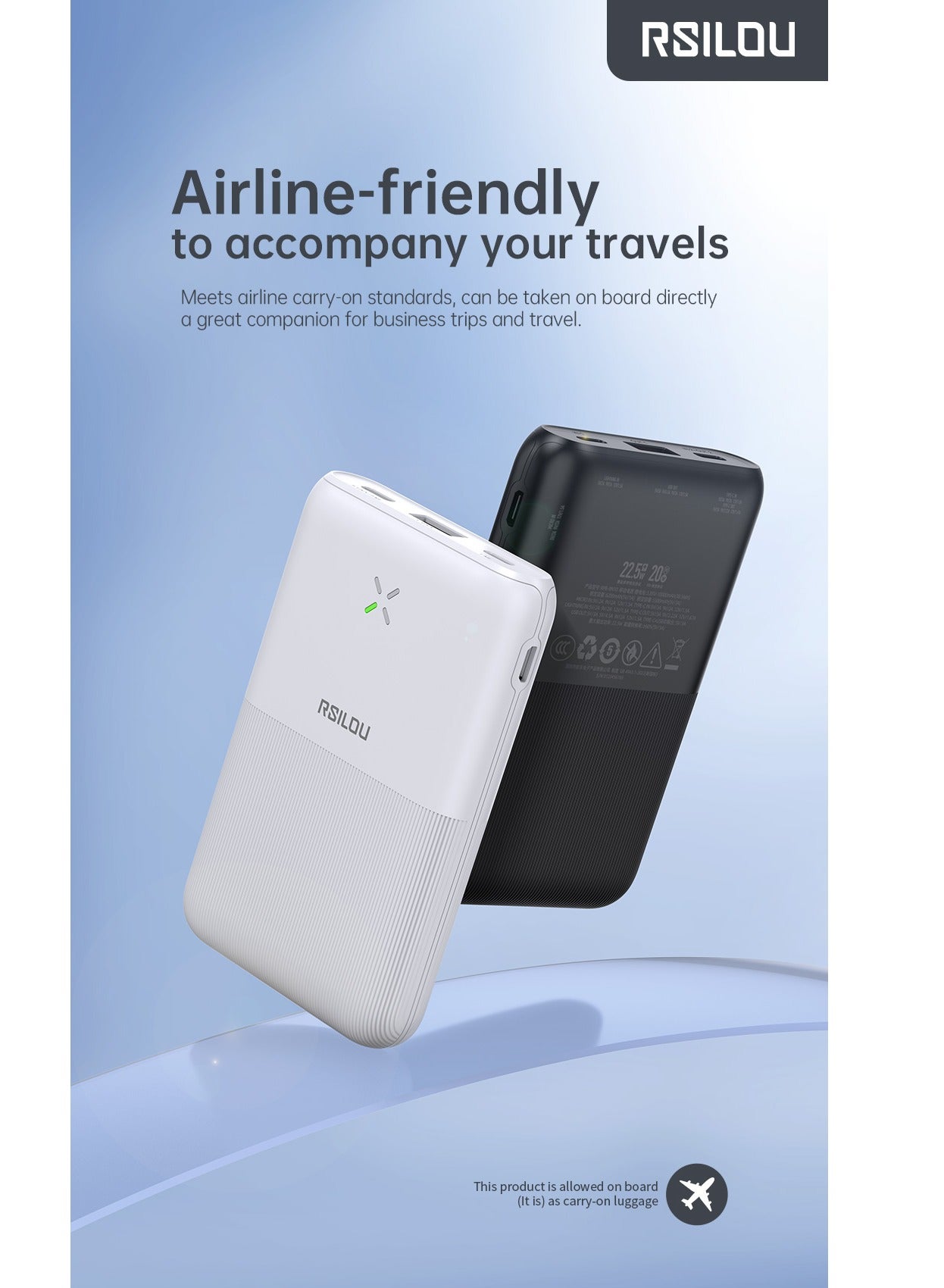 R1005-001 Mini Ultra-Thin Power Bank, Capacity 10000mAh Fast Charging with Digital Display, 22.5W Output per port, 38.5W tatal Max power, USB-C and USB-A Dual Ports Fast charging, Micro and Lightning charing port
