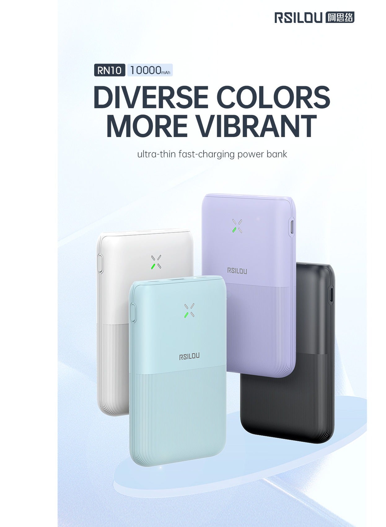 R1005-001 Mini Ultra-Thin Power Bank, Capacity 10000mAh Fast Charging with Digital Display, 22.5W Output per port, 38.5W tatal Max power, USB-C and USB-A Dual Ports Fast charging, Micro and Lightning charing port