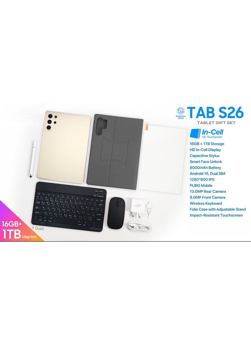 Tab S26 5G 10.1" Android 15 Tablet with Keyboard & Mouse | 16GB + Tab 1TB | Dual SIM & 5G WiFi | Smart Face Unlock | 8000mAh Capacity | 8 MP Front & 13 MP Rear Camera | Octa Core Processor (Gold)