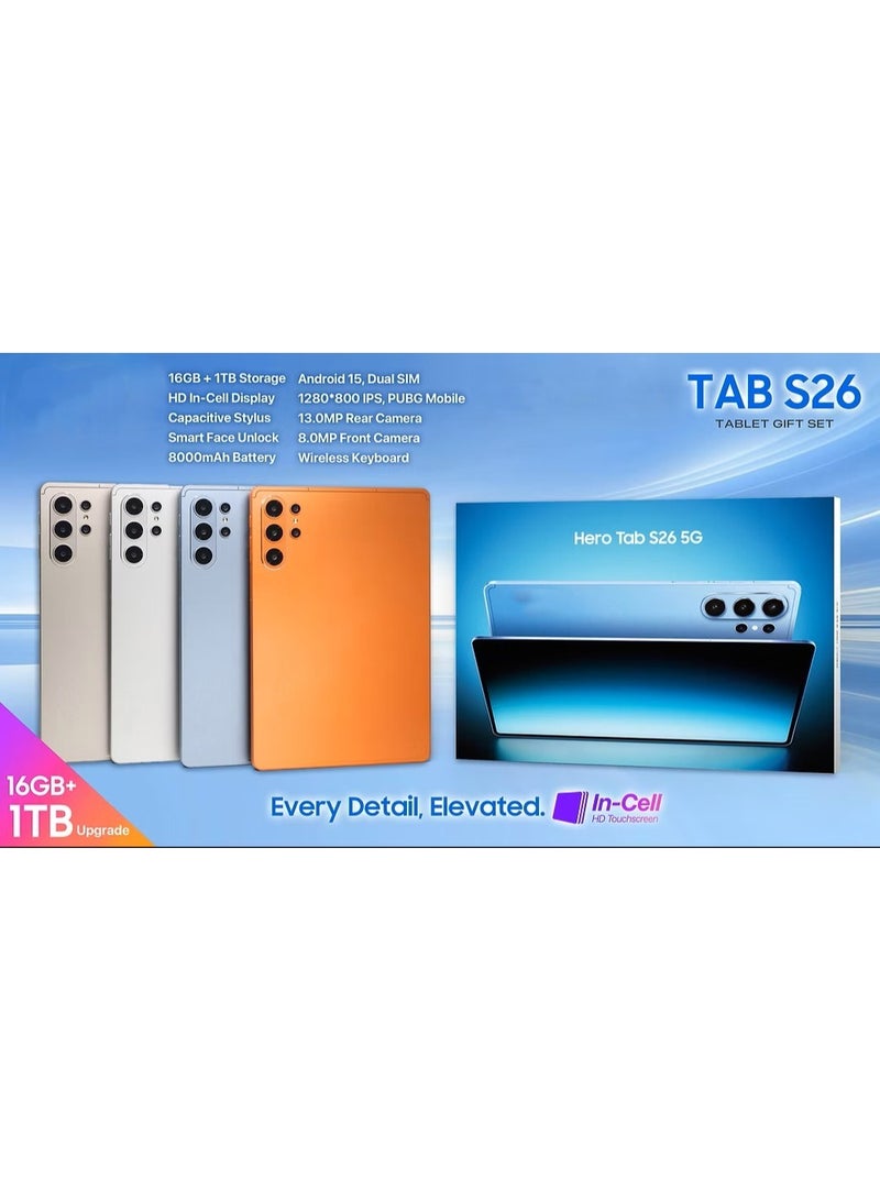 Tab S26 5G 10.1" Android 15 Tablet with Keyboard & Mouse | 16GB + Tab 1TB | Dual SIM & 5G WiFi | Smart Face Unlock | 8000mAh Capacity | 8 MP Front & 13 MP Rear Camera | Octa Core Processor (Gold)