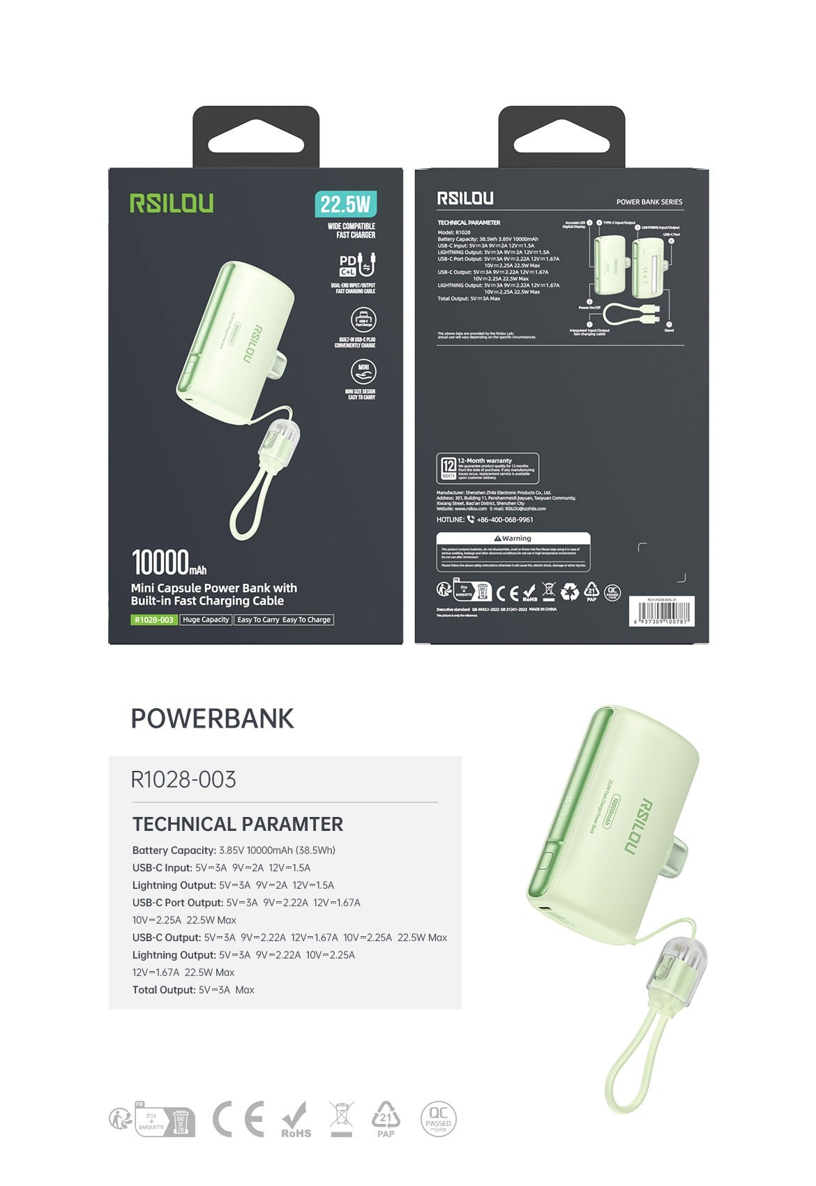 R1028-003 10000mAh Power Bank with Built-in USB-C & Lightning, 22.5W Fast Charging, Digital Display, Stand Holder, Dual Port Portable Charger, PD Fast Charge for iPhone Android, Compact Travel Battery