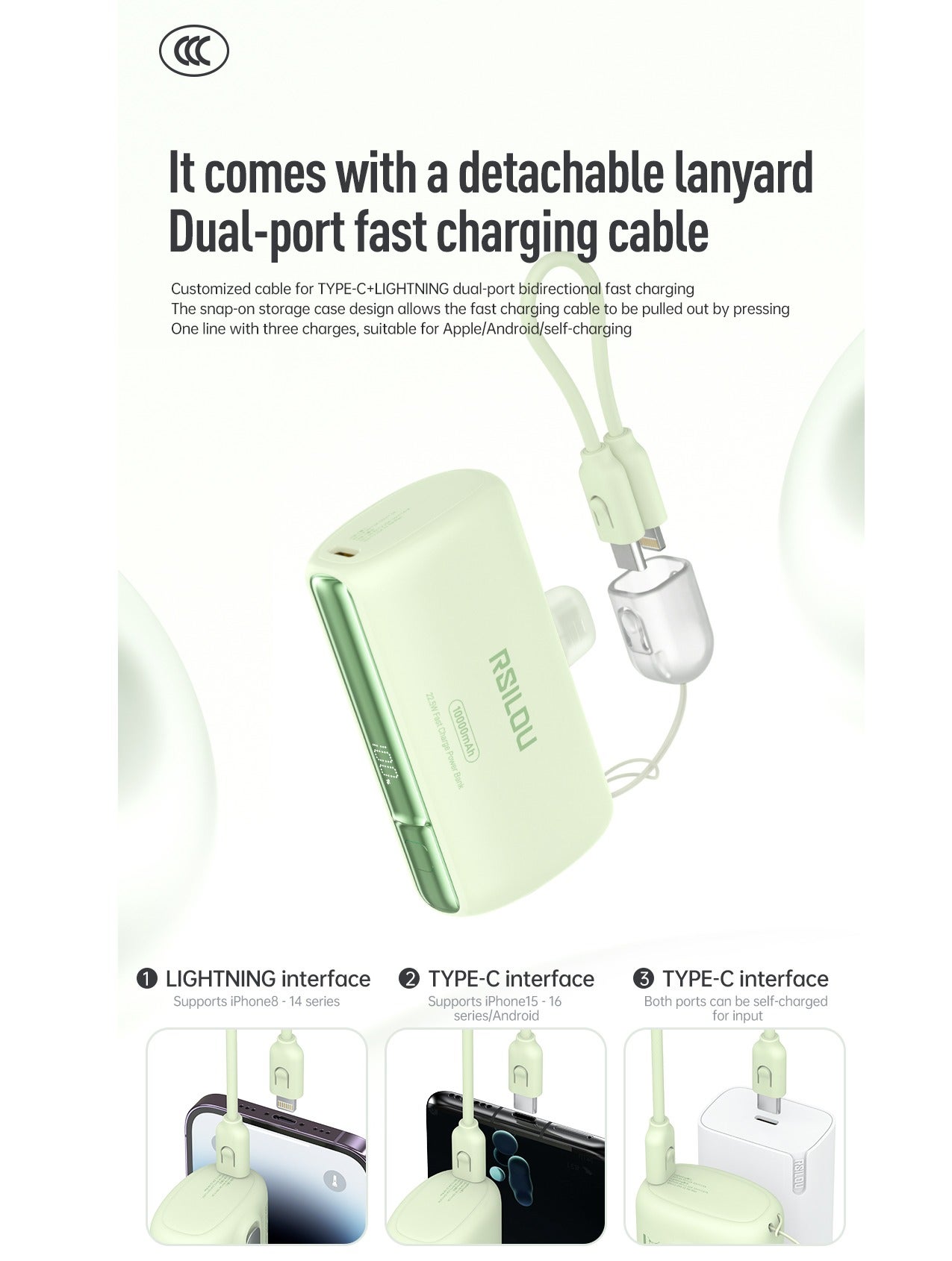R1028-003 10000mAh Power Bank with Built-in USB-C & Lightning, 22.5W Fast Charging, Digital Display, Stand Holder, Dual Port Portable Charger, PD Fast Charge for iPhone Android, Compact Travel Battery