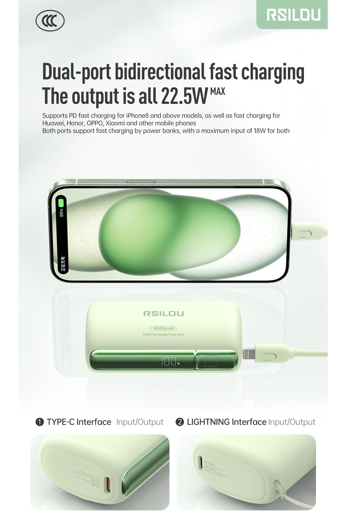 R1028-003 10000mAh Power Bank with Built-in USB-C & Lightning, 22.5W Fast Charging, Digital Display, Stand Holder, Dual Port Portable Charger, PD Fast Charge for iPhone Android, Compact Travel Battery