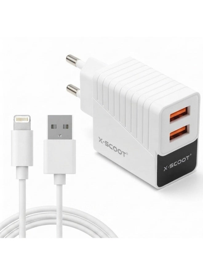 CH-232 Dual USB Fast Wall Charger 2.4A with Lightning Cable for iPhone – LED USB Charging Adapter, Smart Fast Charging, Fire-Resistant Travel Charger with Overcurrent Protection for iPhone, iPad & Apple Devices