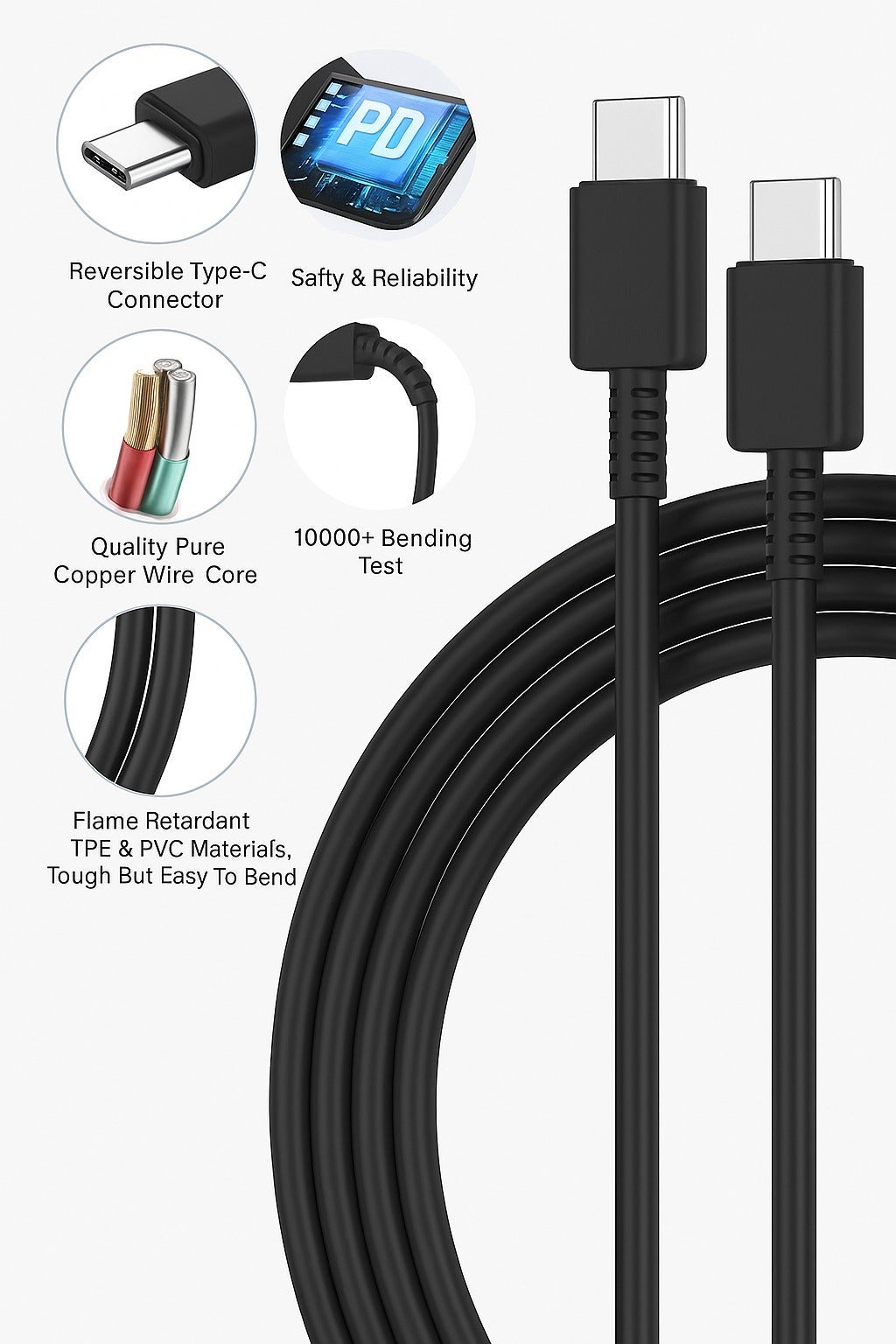 45W Wall Charger with 5A Type-C Cable | Super Fast Charging | Compatible with Type-C Devices