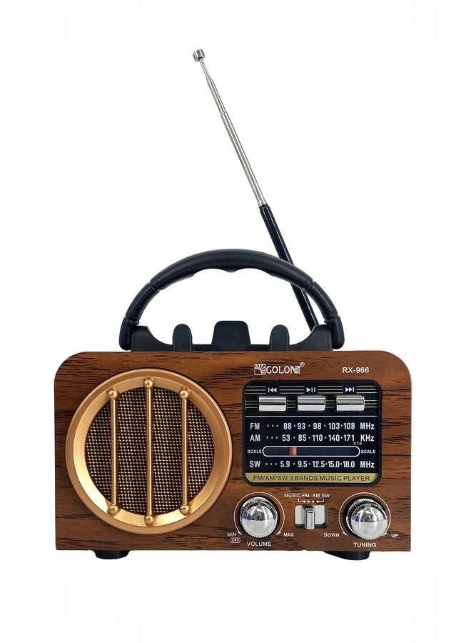 RX-966 Portable Multi Band FM/AM/SW Radio with Bluetooth Speaker, MP3 Player, USB & TF Card Support, Battery Powered, Type-C Charging, Classic Wooden Retro Design