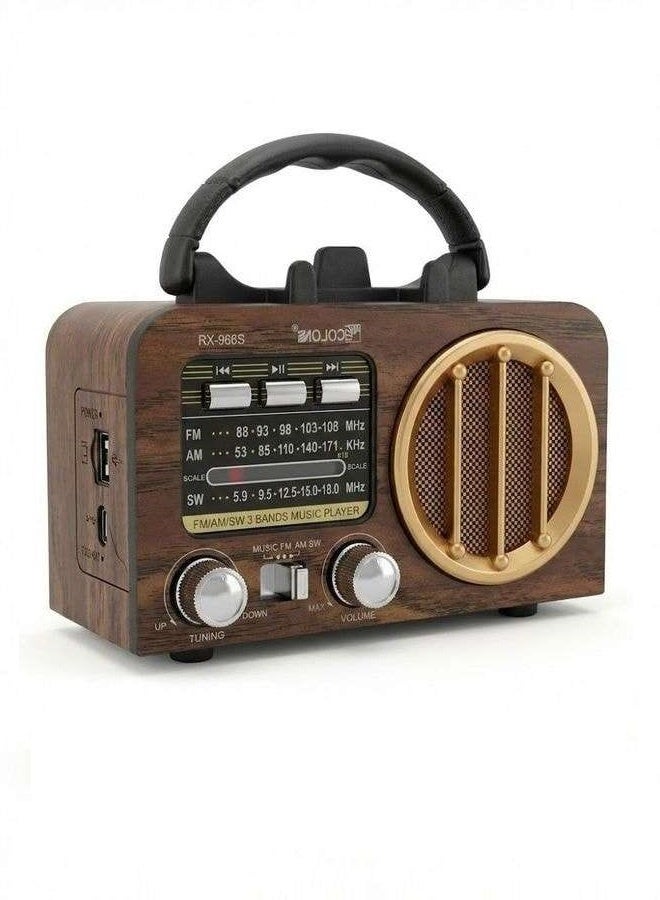 RX-966 Portable Multi Band FM/AM/SW Radio with Bluetooth Speaker, MP3 Player, USB & TF Card Support, Battery Powered, Type-C Charging, Classic Wooden Retro Design