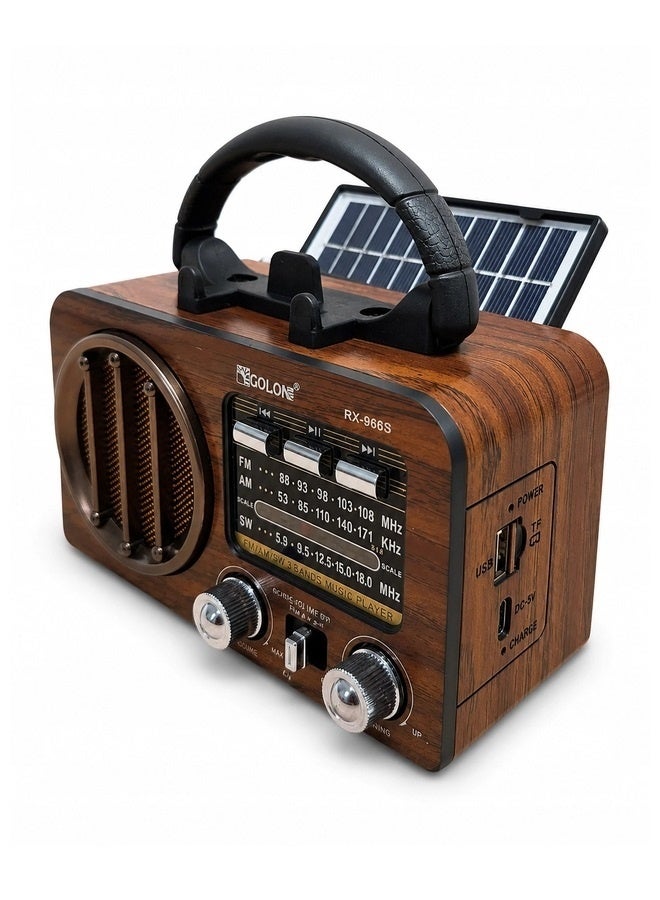 RX-966 Portable Multi Band FM/AM/SW Radio with Bluetooth Speaker, MP3 Player, USB & TF Card Support, Battery Powered, Type-C Charging, Classic Wooden Retro Design