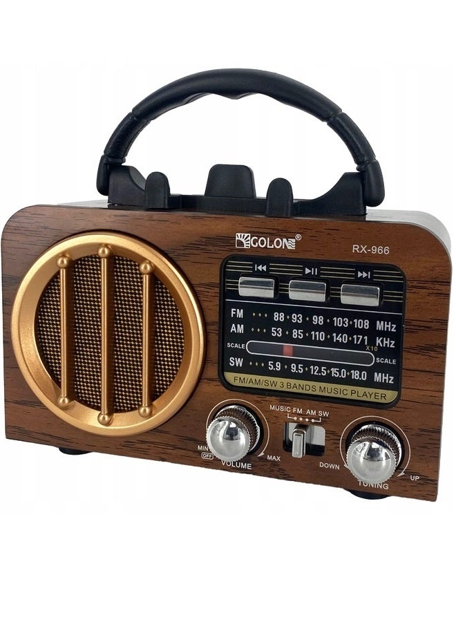 RX-966 Portable Multi Band FM/AM/SW Radio with Bluetooth Speaker, MP3 Player, USB & TF Card Support, Battery Powered, Type-C Charging, Classic Wooden Retro Design