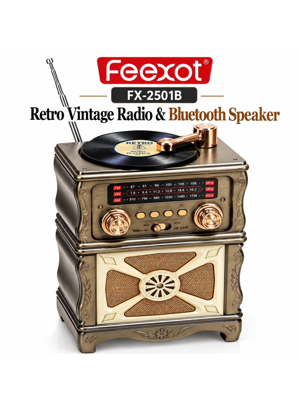 Feexot FX-2501B Vintage Retro Radio FM AM SW 3-Band Bluetooth Speaker USB TF AUX MP3 Rechargeable
