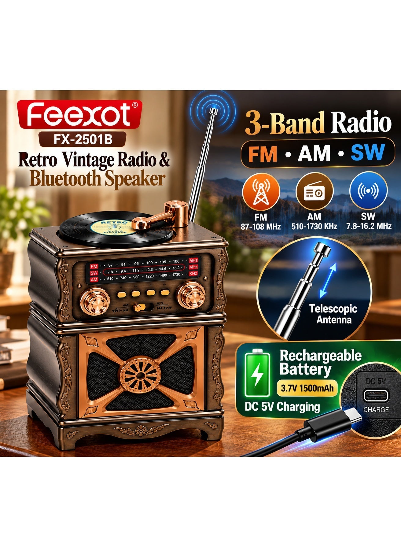 Feexot FX-2501B Vintage Retro Radio FM AM SW 3-Band Bluetooth Speaker USB TF AUX MP3 Rechargeable