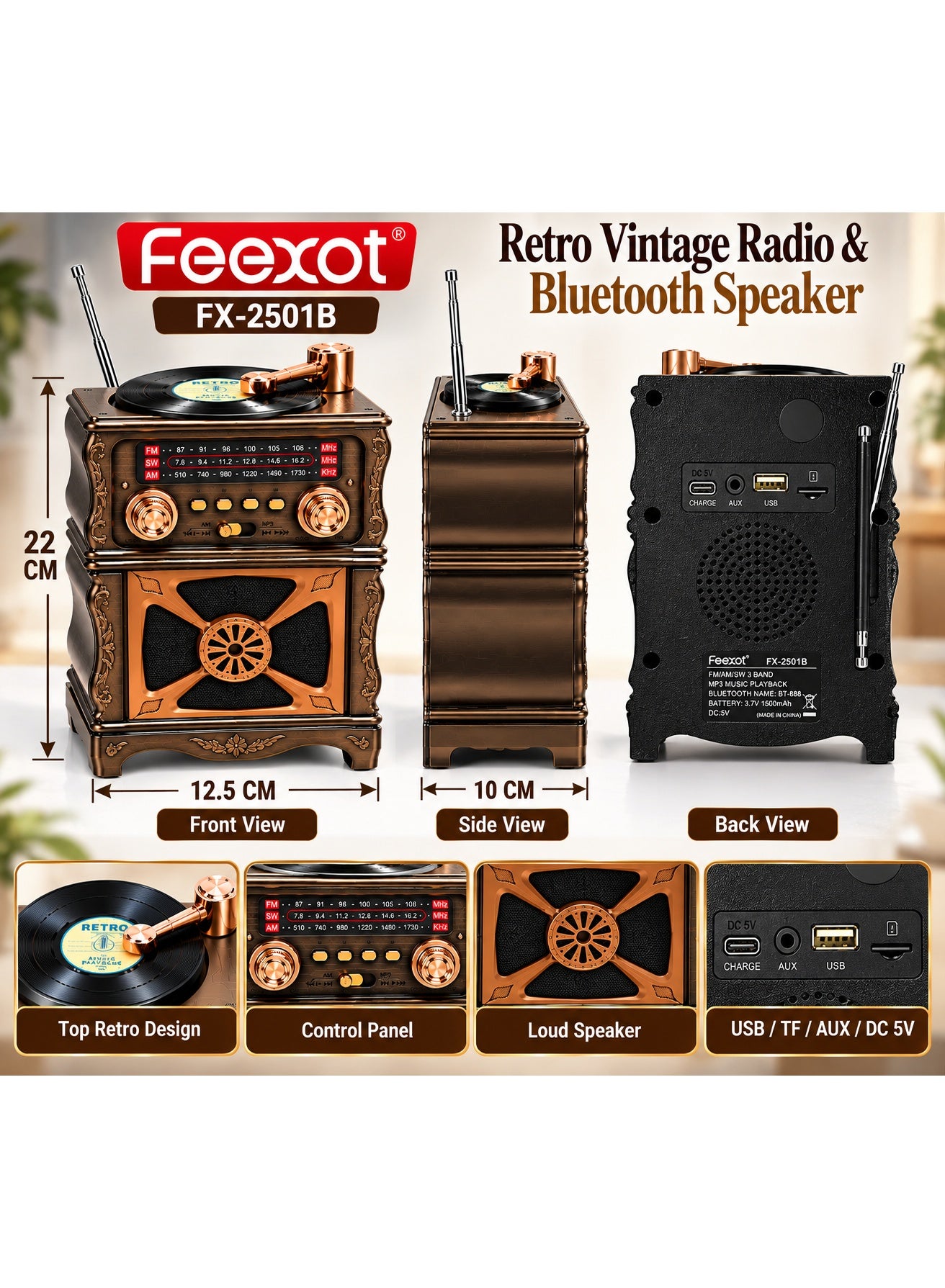 Feexot FX-2501B Vintage Retro Radio FM AM SW 3-Band Bluetooth Speaker USB TF AUX MP3 Rechargeable