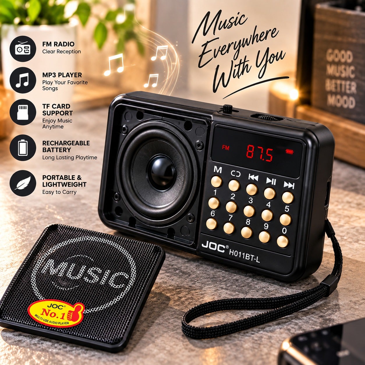Portable Fm Radio Stereo Sound Strong Pure Signal Tuned Into A Flash A Memory And A Speaker - Black