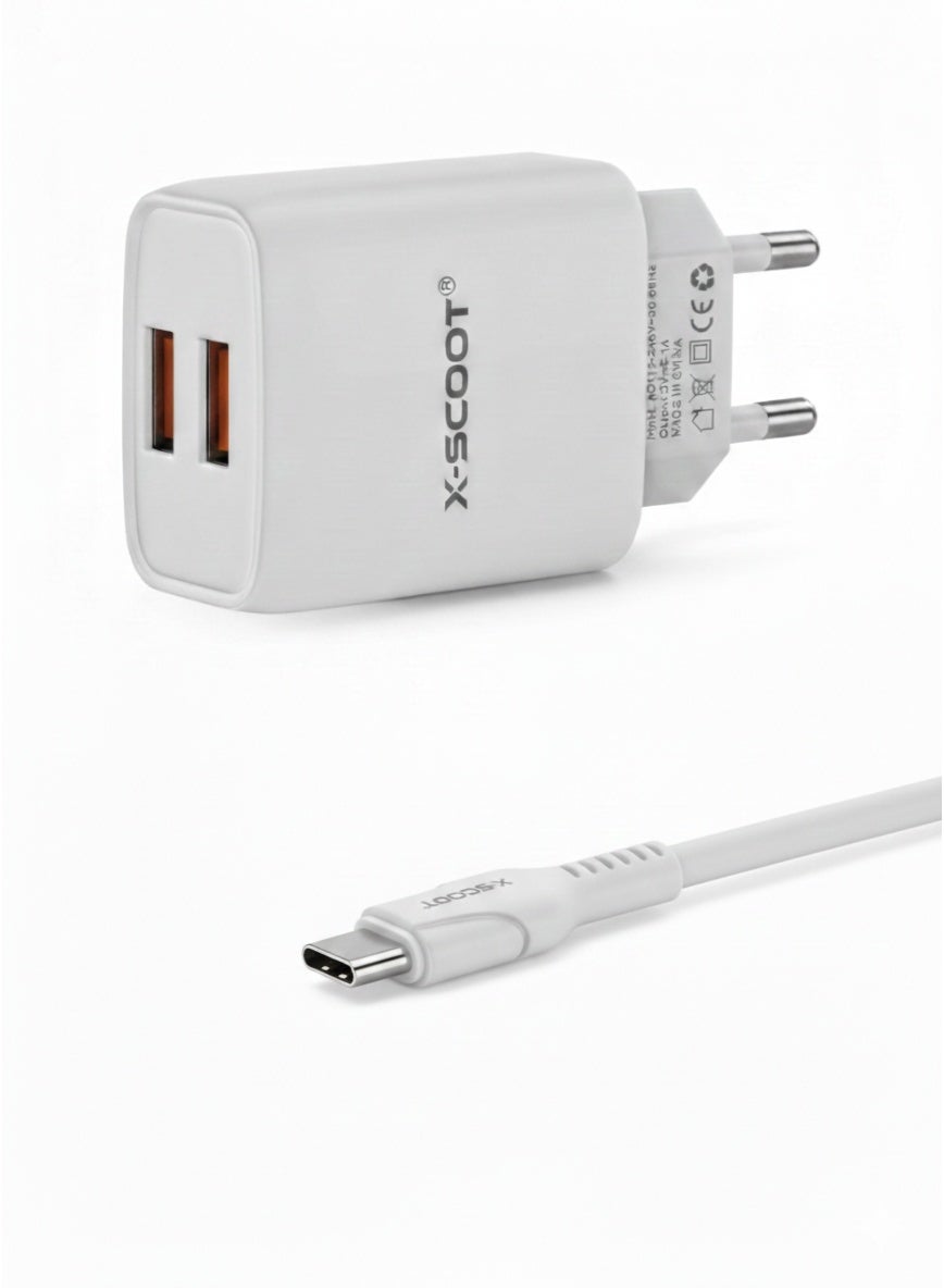 Dual USB Travel Charger 2.1A with Type-C Cable, Compact Fast Charging Wall Adapter, Safe & Lightweight Design – Model CH-236, White